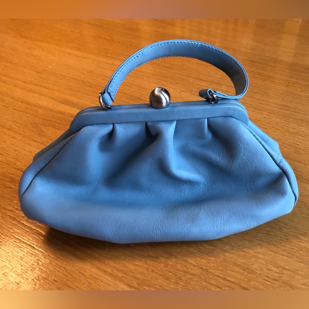 Danier Leather Robin Egg Blue Clutch with Silver/Rhinestone Clasp